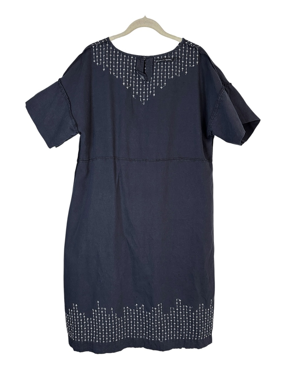 GUDRUN SJODEN Navy Linen Blend Embroidered Dress Scandinavian Lagenlook Pocket M - Picture 12 of 13